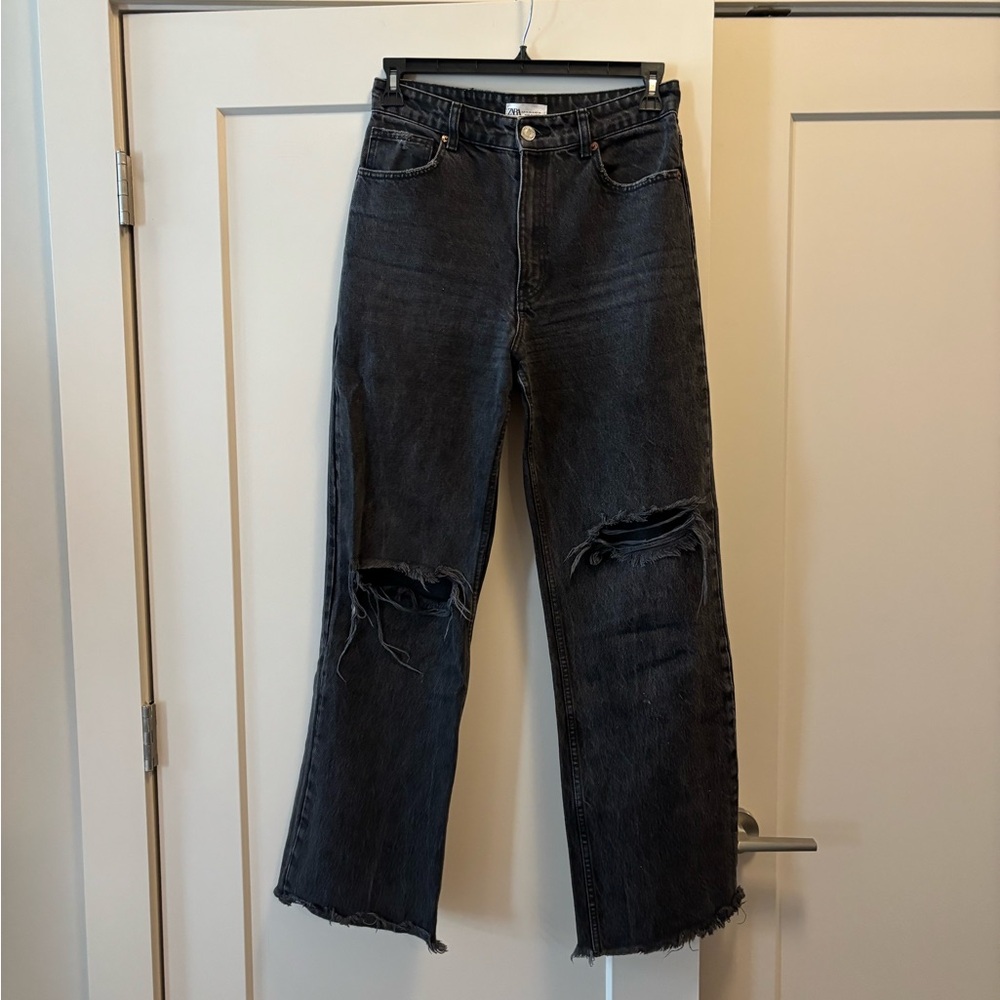 Zara Black Distressed Wide Leg Jeans